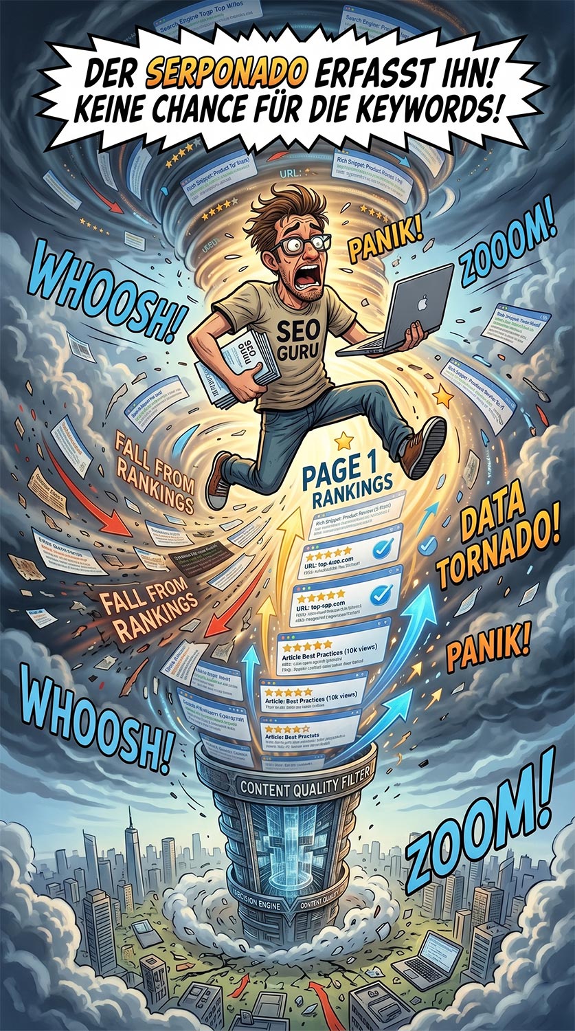 Ein riesiger Serponado wirbelt über einer Stadt aus Suchergebnissen und reißt einzelne Treffer und den SEO Guru mit sich in die Höhe.