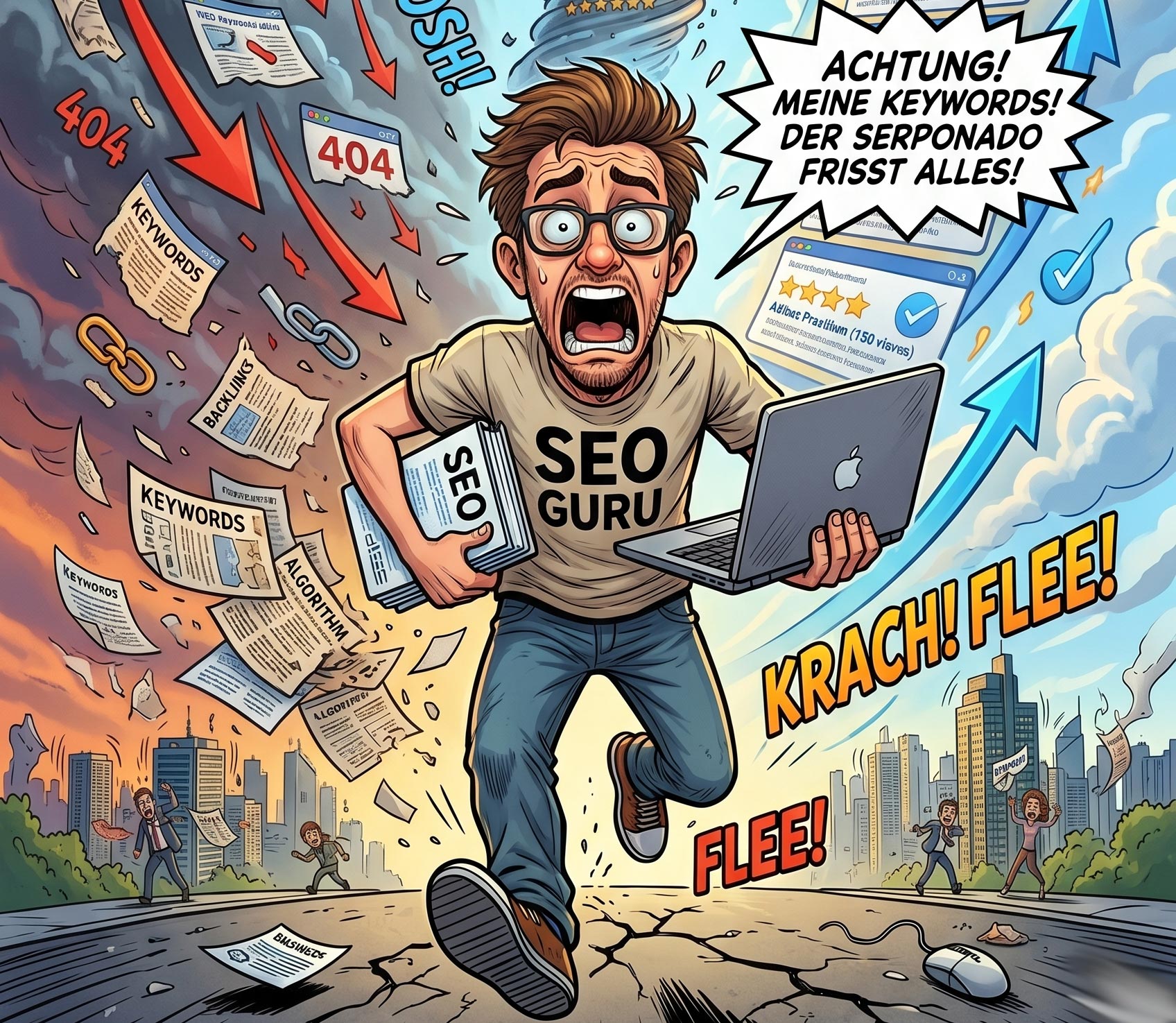 Der SEO Guru flieht vor dem Serponado und versucht seine SEO Unterlagen und seinen Laptop zu retten