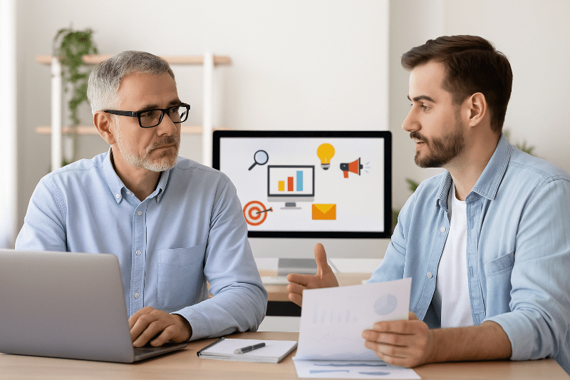 Zwei Männer sitzen an einem Schreibtisch. Der eine wird vom anderen im Online Marketing beraten