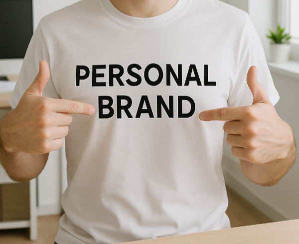 Eine Person die auf ihr T-Shirt zeigt. Personal Brand Strategie.